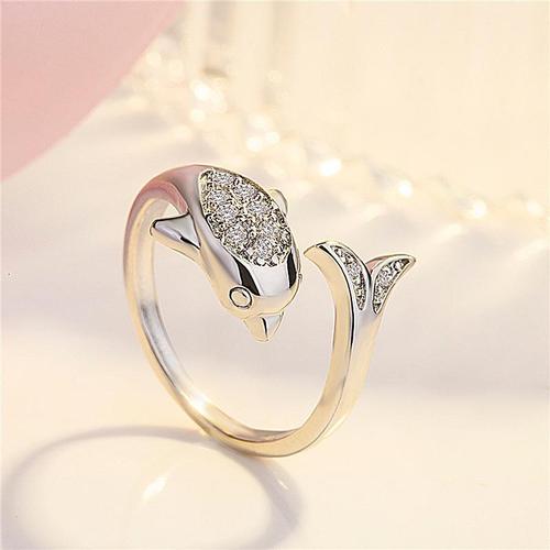 韩版女镶钻戒指时尚新款s925银海豚款戒指