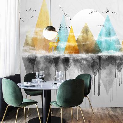 北欧简约几何麋鹿壁纸抽象山水手绘水墨画风景3d客厅电视背景墙纸