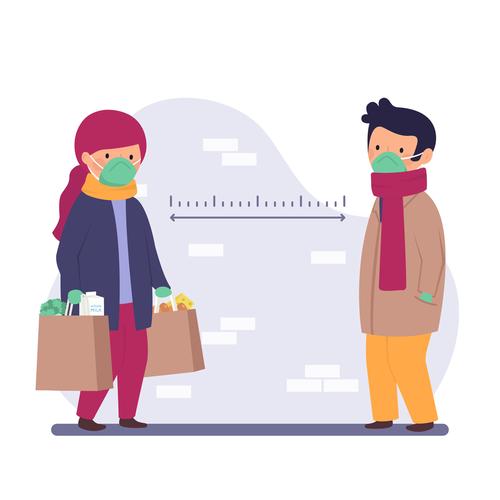 创意戴口罩保持社交距离的男女矢量图