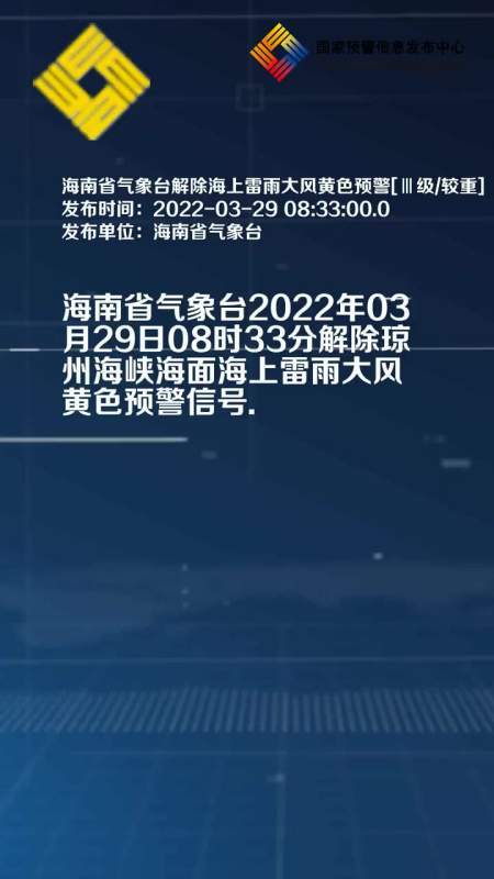 海南省气象台解除海上雷雨大风黄色预警Ⅲ级较重