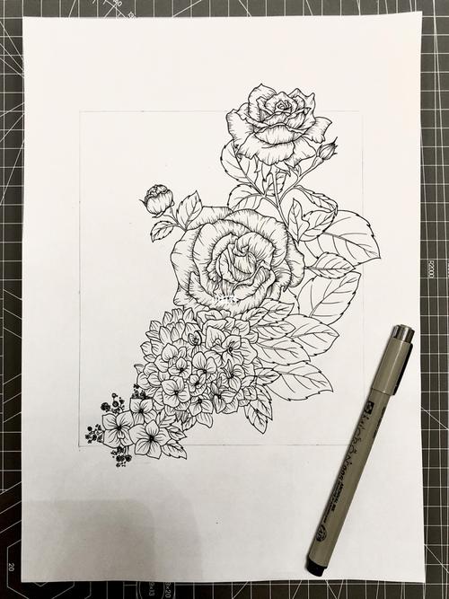 【每日一画】-"花团锦簇"(附过程图)_装饰画_铅笔_黑白线描装饰画