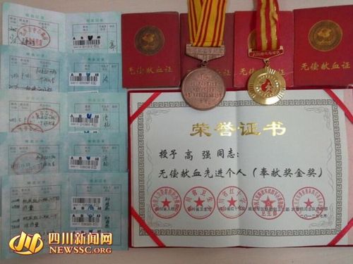 高强的部分无偿献血证和获得的荣誉.