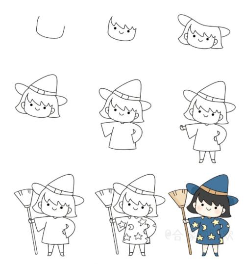 【简笔画教程】小女巫等相关素材画法教程