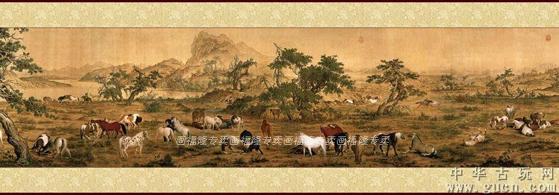 十大名画字画国画高清复制清郎世宁百骏图35x370已装裱