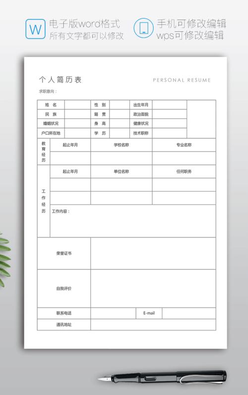 空白简历表模板bg01是word格式个人简历电子版,电脑可以修改,手机也