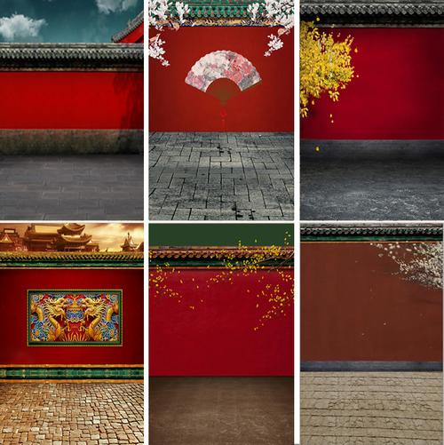 影楼拍照古装古风清宫喜庆古装写真故宫全家福红色宫墙摄影背景