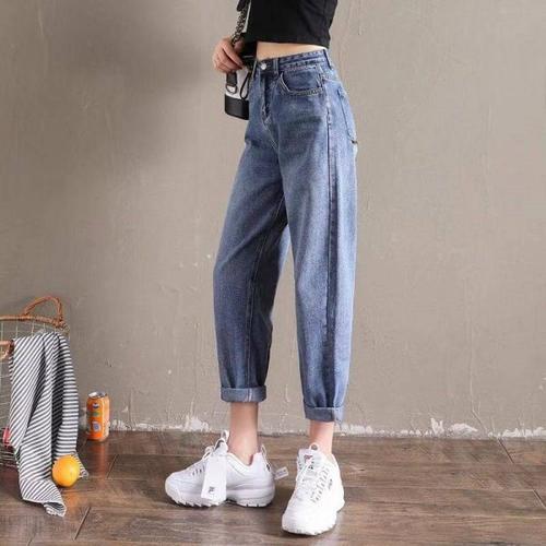 购客阔腿休闲哈伦老爹裤2019秋装高腰牛仔裤女宽松新款显瘦百搭萝卜裤