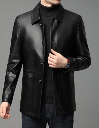 aemape美国苹果秋冬2021男式绵羊皮真皮皮衣男翻领修身皮夹克黑色170