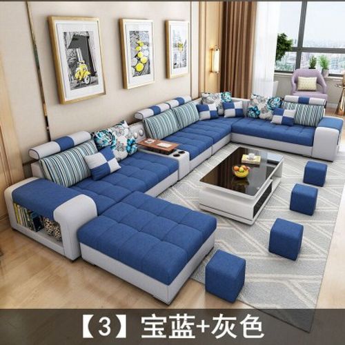 简约现代大户型冬夏两用布艺沙发客厅整装可拆洗u型沙发 宝蓝 灰色 四