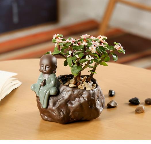 盆栽植物创意家居用室内装饰禅意小和尚盆景摆件陶瓷懒人花盆花器