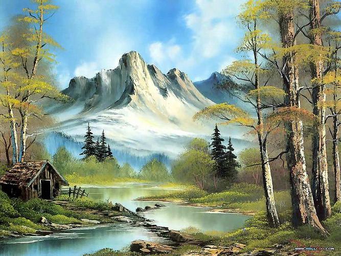 手绘风景油画壁纸-bob ross风景油画作品:bob ross 风景油画图片欣赏