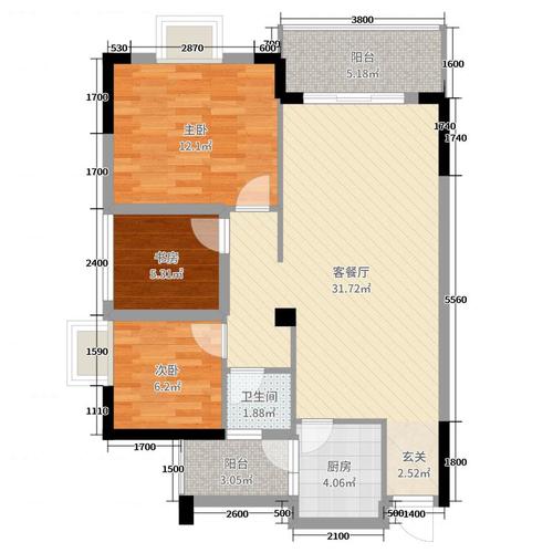 瑞和家园87.82㎡33#楼b2户型3室3厅1卫1厨
