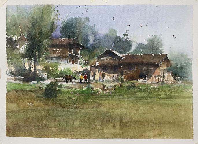 夏宇航水彩画《初春的乡村》