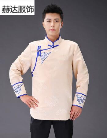 蒙古服装蒙古袍男士现代改良元素立领上衣外套宽松袍日常生活装 米