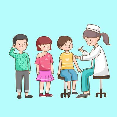 彩色卡通手绘小学生排队注射新冠疫苗人物素材原创插画海报疫苗接种日