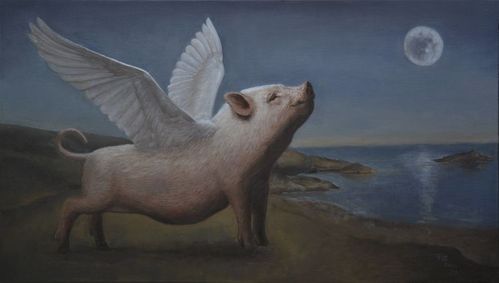 《飞天猪》90cmx50cm,2019年,布面油画
