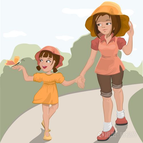 母亲与她的女儿在公园里散步插画-正版商用图片0biu2r-摄图新视界