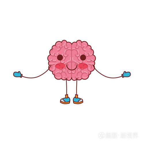 脑卡通在站立位置与张开的胳膊和镇静表示在多彩剪影与褐色外形