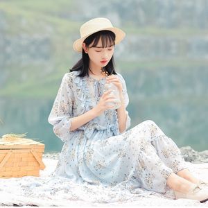 大学生裙子女夏bf原宿新款学院风仙女纱复古中长款森系日系连衣裙