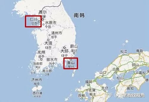 南韩地图中的仁川和釜山位置