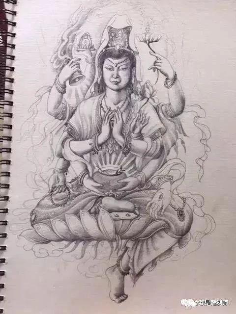 我是雕刻师,千眼千手观音菩萨素描纹身雕刻手稿图案