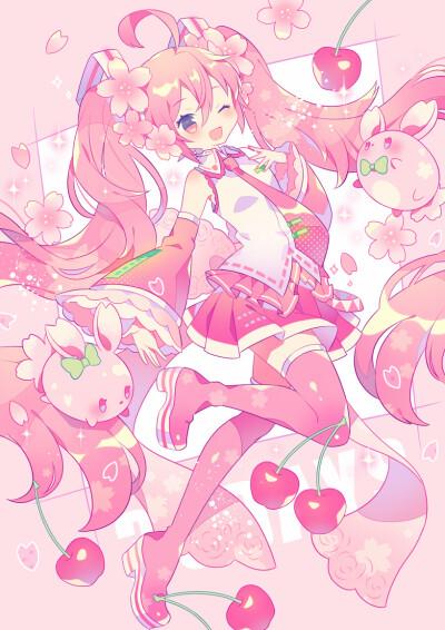 二次元 少女 壁纸 粉发 粉瞳 初音 樱花可爱