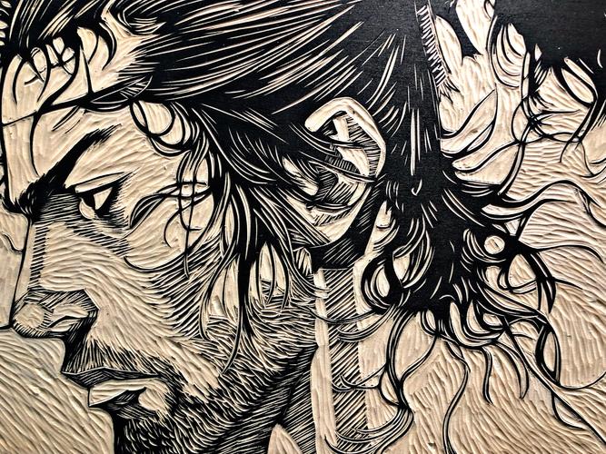 手工黑白木刻版画宫本武藏