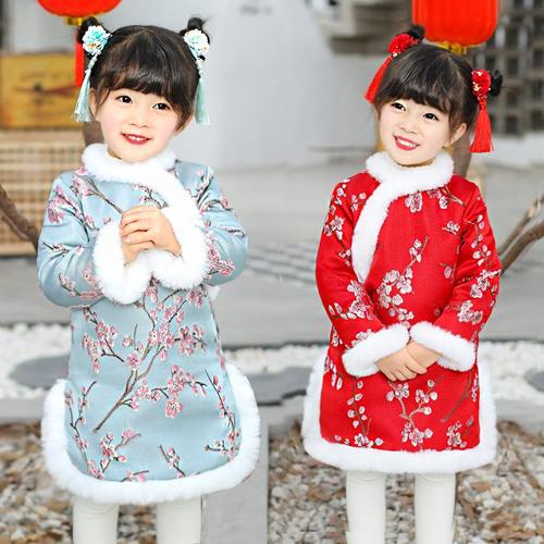 唐装女童冬装女孩新年装中国风童装加绒喜庆宝宝旗袍儿童拜年衣服