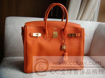 爱马仕 hermes birkin经典手袋 35cm 橙色金扣togo牛皮