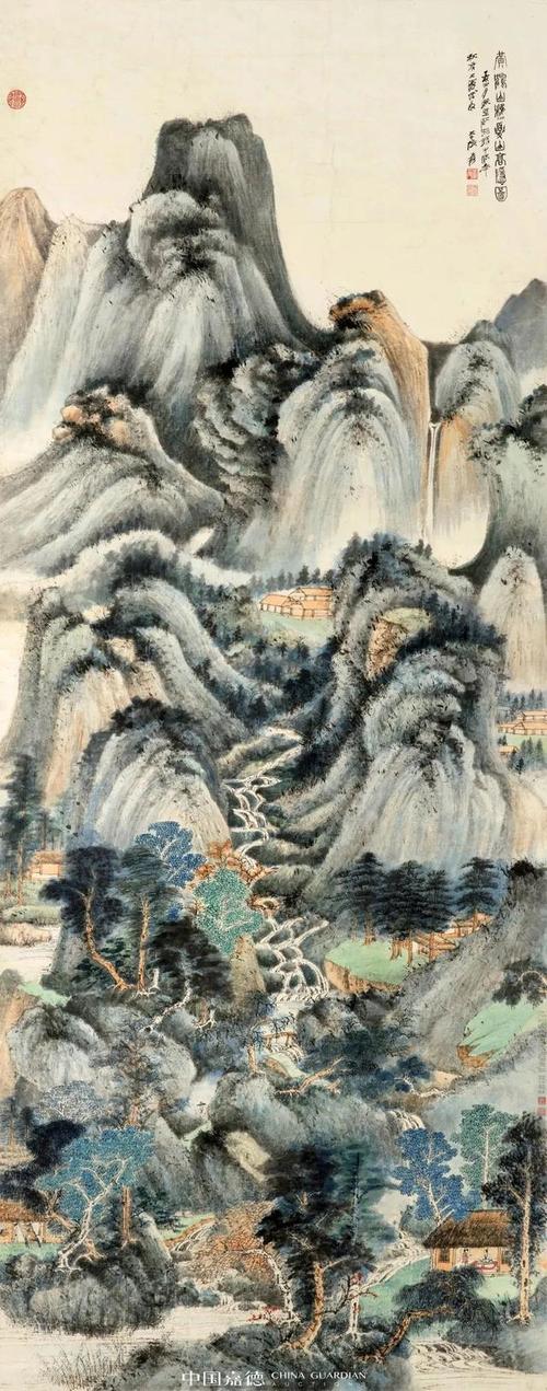 图1致李秋君夏山高隐图 张大千161×63 cm 设色纸本立轴1947(49岁)