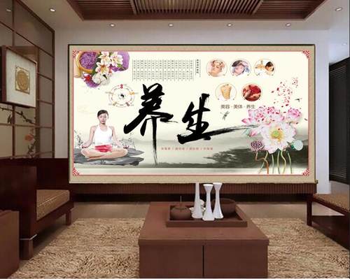 中式养生保健养生馆疗养馆工装背景墙装饰画荷花壁画壁纸墙纸
