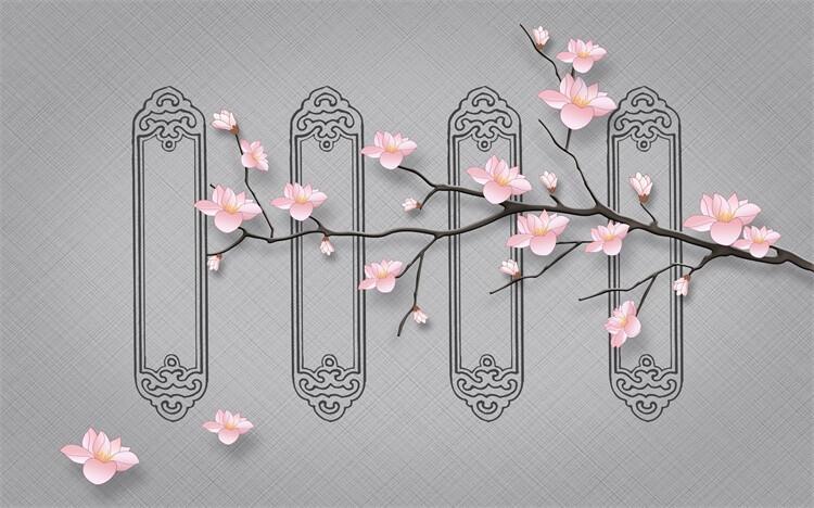中式花纹古典海报鲜花背景墙装饰画psd设计素材