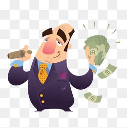 卡通抽雪茄拎钱袋子的富豪插画免抠