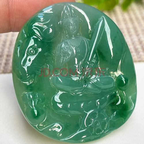 源头翡翠 翡翠满绿文殊菩萨吊坠 缅甸天然翡翠玉石挂件珠宝首饰项链