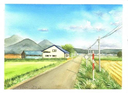 风景水彩田园山水房屋蓝天手绘