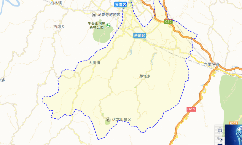 东起十堰经济开发区,与丹江口市六里坪镇相邻;西大致沿市中心四方山