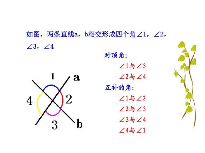 b相交形成四个角∠1,∠2, ∠3,∠4 对顶角: ∠1与∠3 ∠2与∠4 互补的