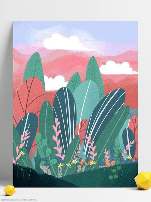 卡通手绘绿色植物风景插画背景