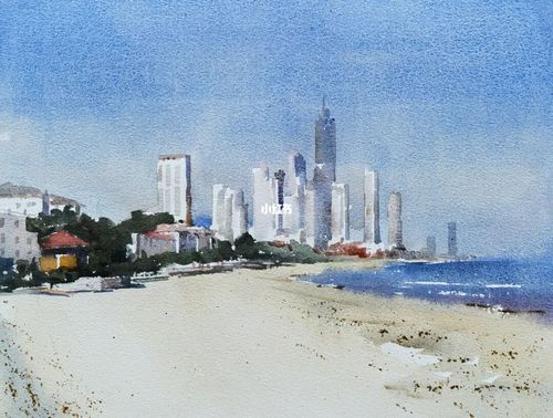 水彩风景《海滩》_景点_风景_水彩画_海滩_自然风光分享_出行_人文