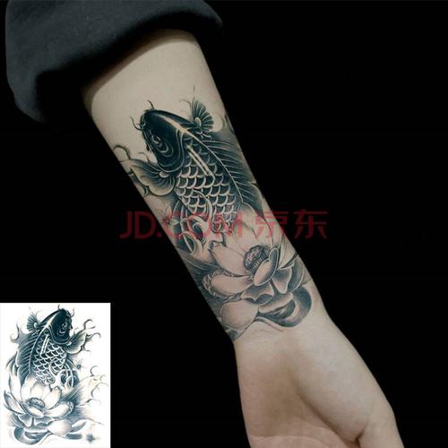 秋江月锦鲤莲花富贵鱼防水纹身贴男女鲤鱼锦鲤手臂仿真花臂小腿刺青一