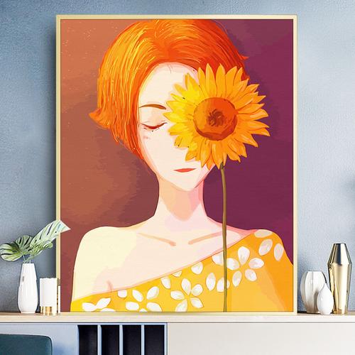 购客缘色diy数字油画手工填色减压向日葵女孩姑娘现代简约装 饰油彩画