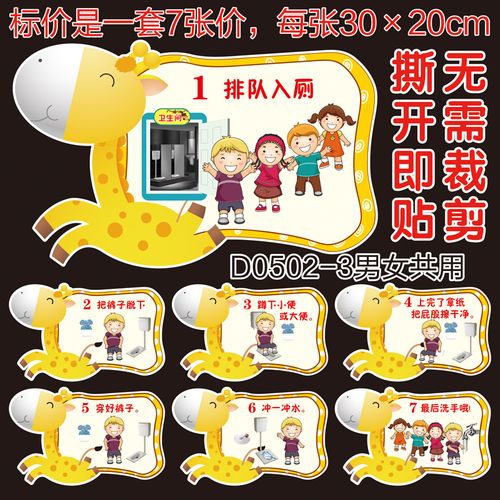 定制 幼儿园男女卫生间蹲便如厕流程入厕步骤上厕所示意图大小便墙