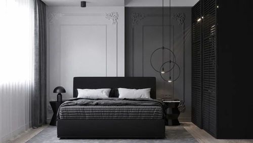 卧室的窗户采用深灰色的窗帘,而白色纱质窗帘则保护了隐私性.