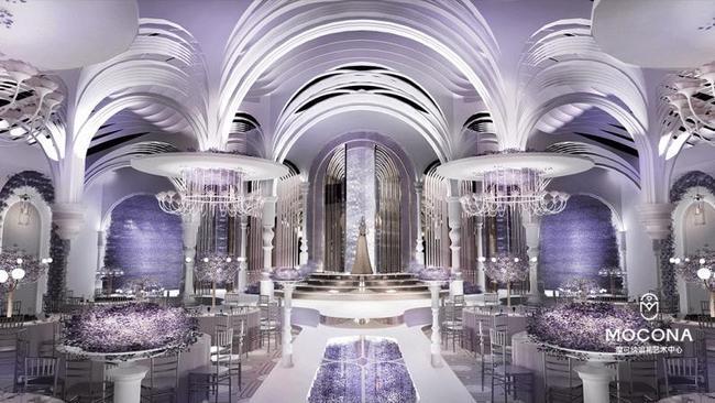 宴会厅浑然一体通体的流线设计加上麦爵士灯饰的辅助宝丽宫婚礼更具