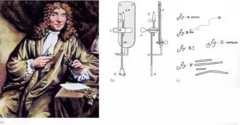 列文虎克和他制作的显微镜,右图为列文虎克用显微镜观察的结果