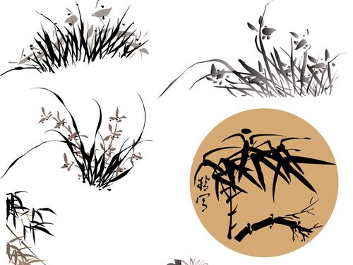 梅兰菊竹水墨画矢量图植物水默画ai格式矢量图