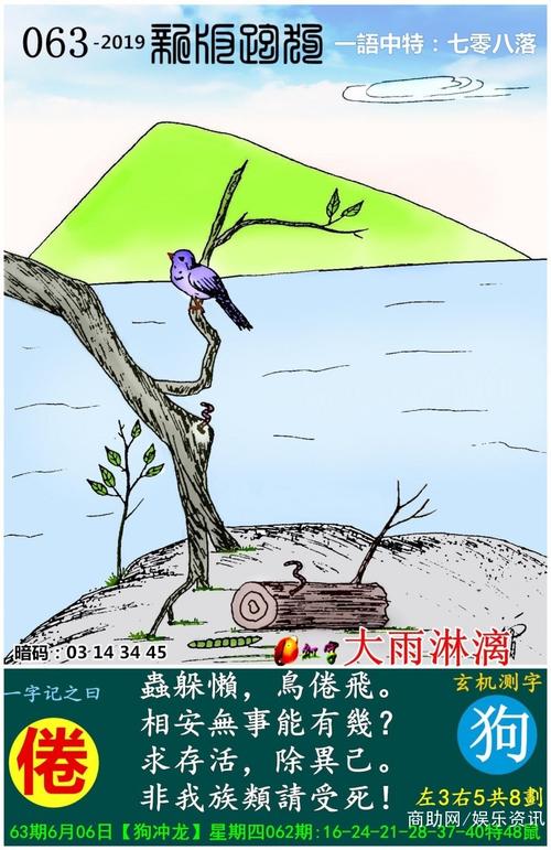 063期新版跑狗图一字记之曰倦虫躲懒鸟倦飞相安无事能有几求存活除