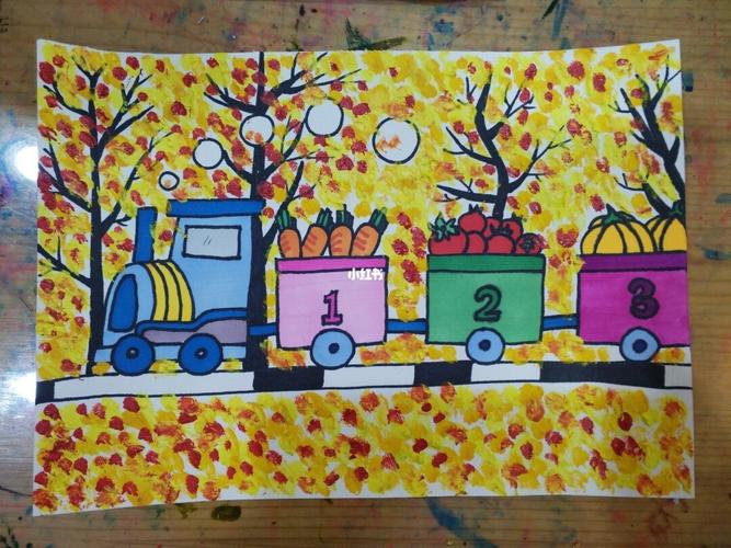 水粉画儿童画秋天树林里收获的小火车_火车_儿童画_水粉画_秋天去哪玩