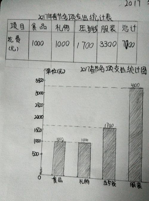 春节家庭开支的条形统计图,整整齐齐