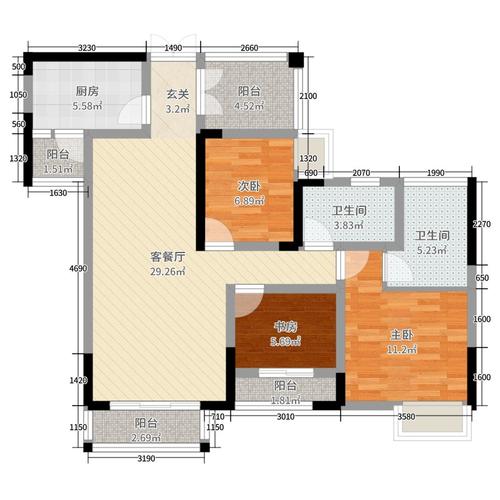 铜梁尚品国际3室2厅2卫1厨102.00㎡户型图
